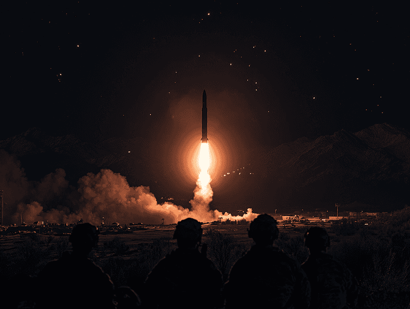 A missile launch at night with bright flames and smoke
