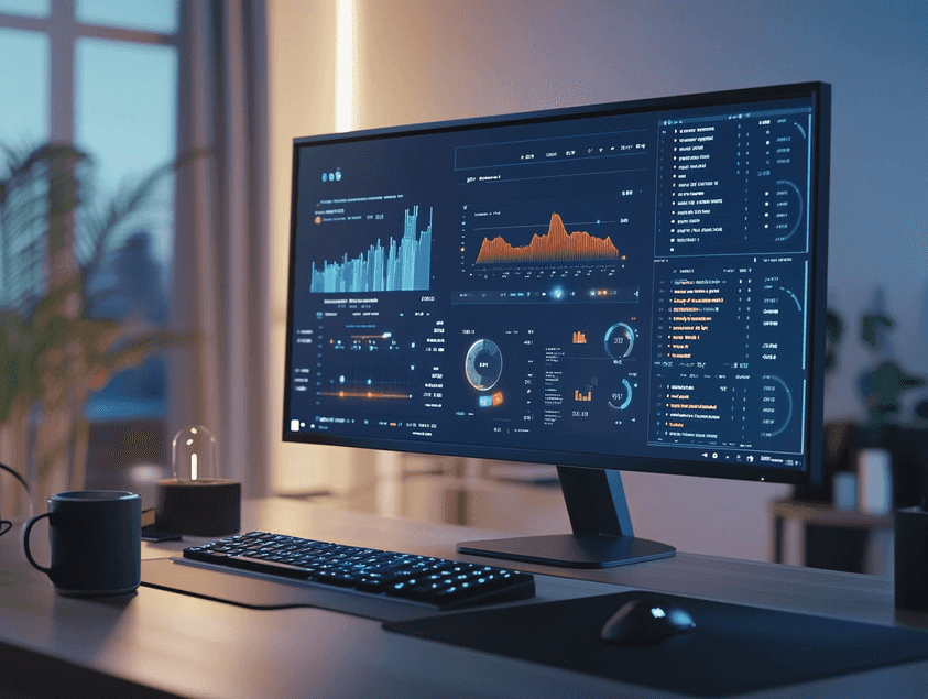 A sleek computer setup displaying network monitoring software