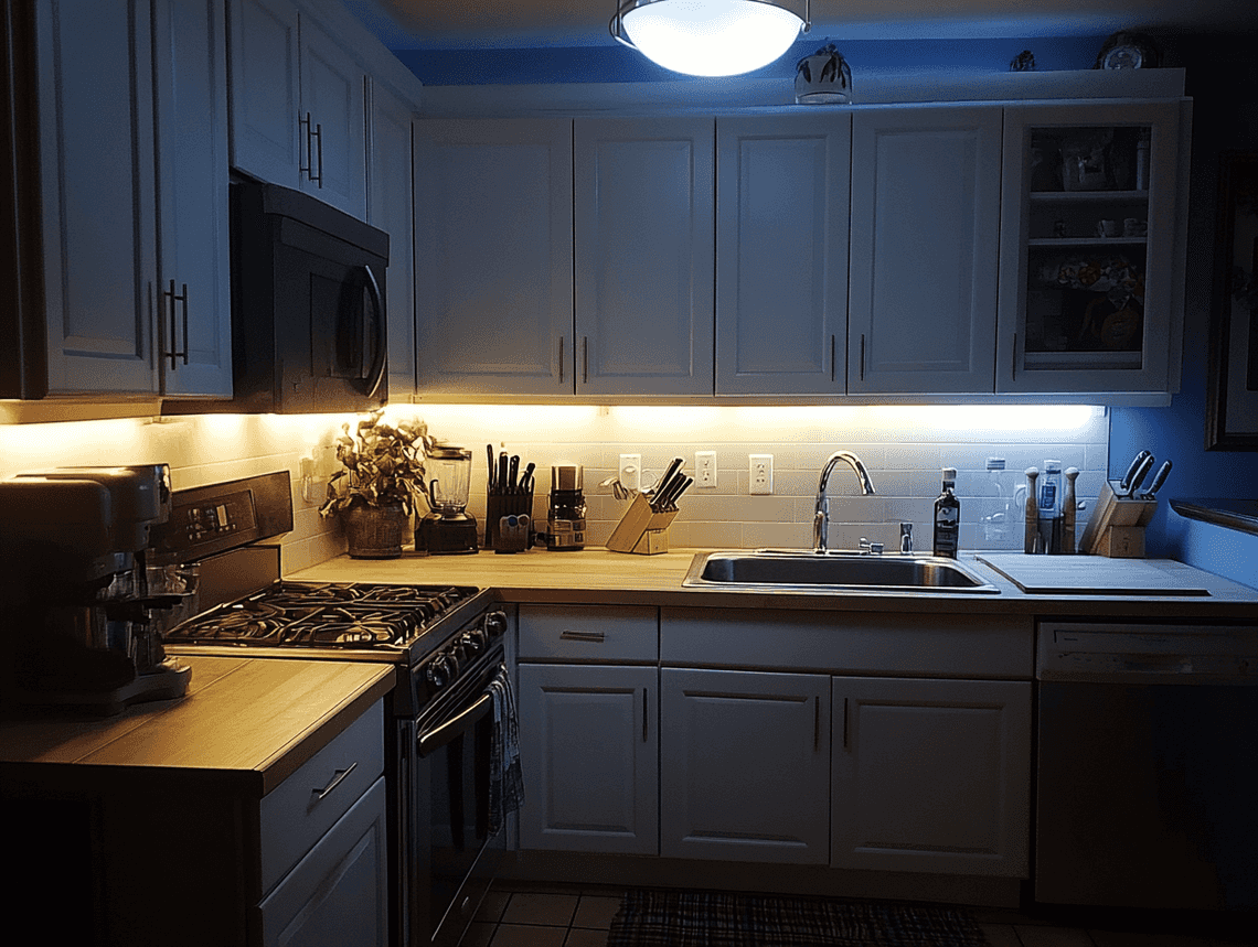 A small kitchen with added counter space using a rolling cart and wall-mounted shelves