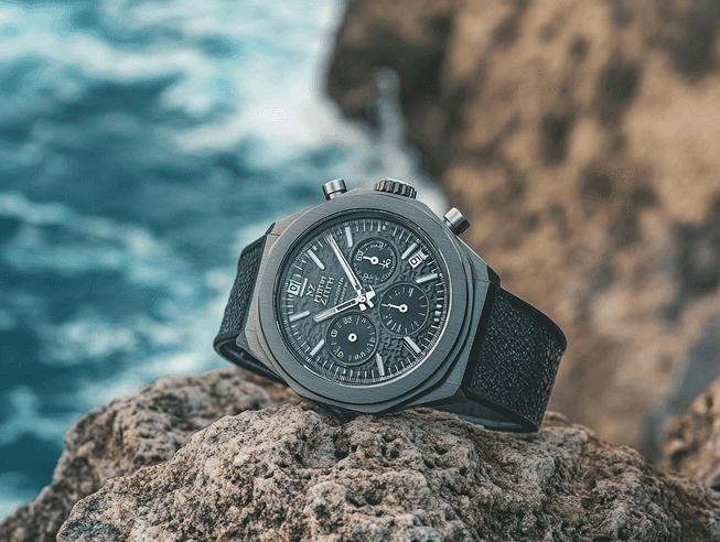 The Zenith Defy Skyline Chronograph displayed in an outdoor setting, emphasizing its durability and versatility