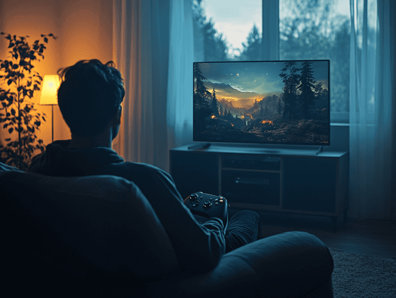 A gamer immersed in playing Xbox Cloud Streaming on an LG Smart TV, with vibrant graphics on display