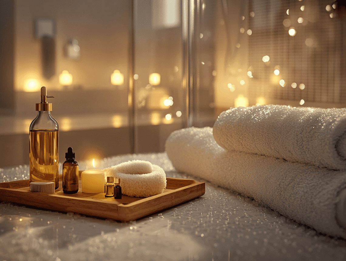 A close-up of hands applying a rich, silky shower oil under running water