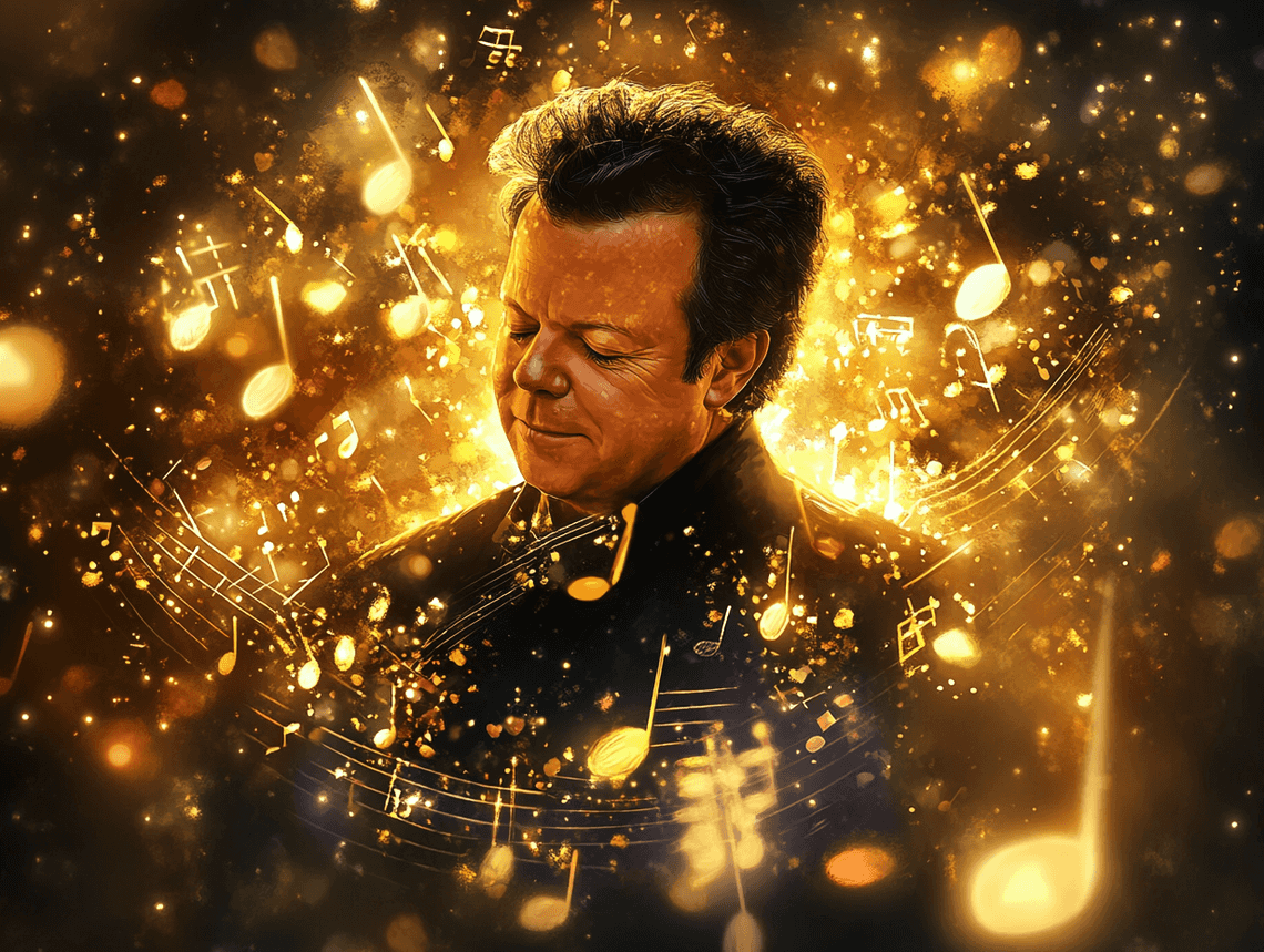 A touching tribute image of Wayne Osmond surrounded by musical notes, symbolizing his lasting legacy in the music world