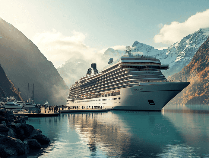 A modern cruise ship docked at a scenic port