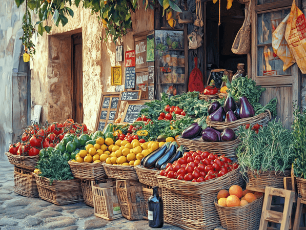 A family enjoying a Mediterranean-style meal outdoors, surrounded by fresh food and laughter