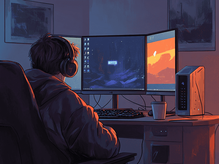 A sleek gaming interface with a companion app displayed on a monitor and a keyboard in the foreground