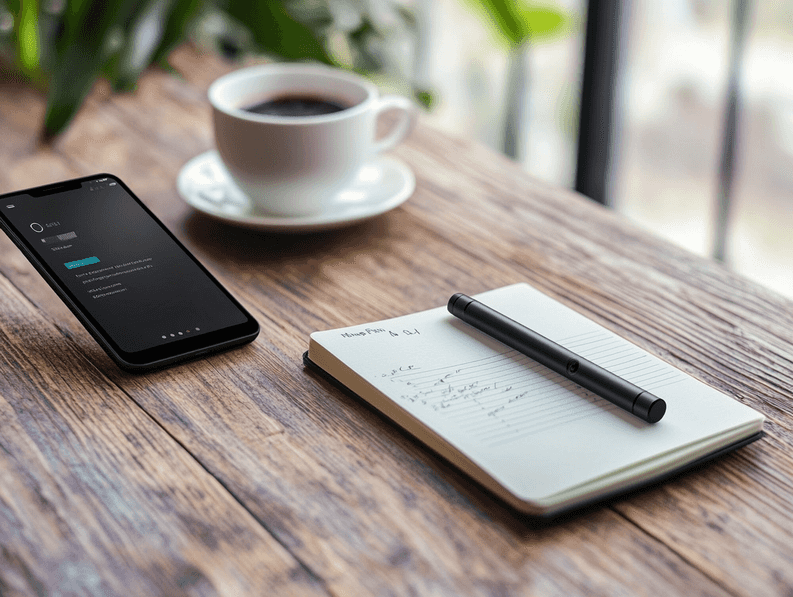 A sleek smart pen on a desk with a notebook and smartphone