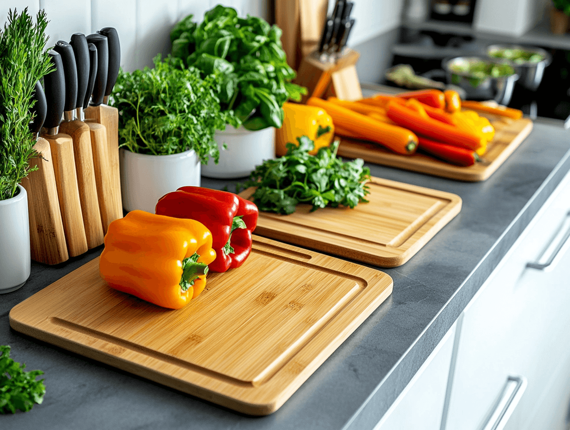 A set of cutting boards with fresh vegetables and herbs on a kitchen counter