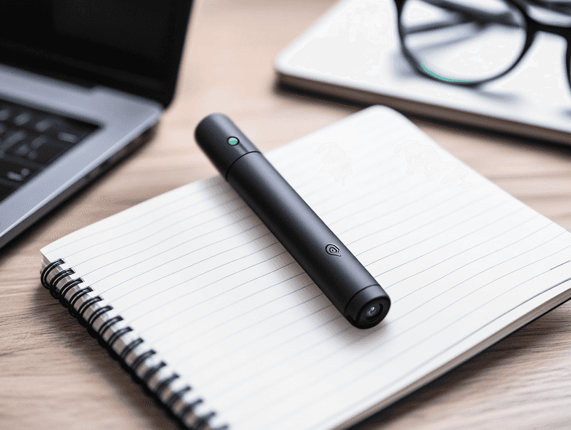 Close-up of a smart pen capturing handwritten notes on plain paper