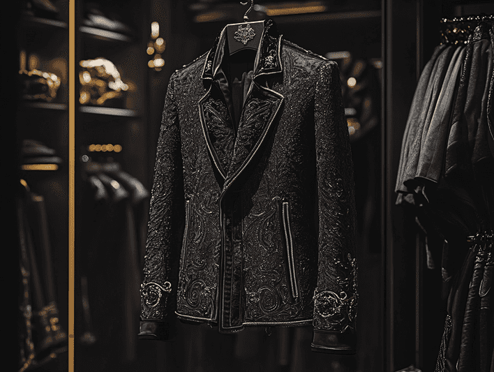A close-up of a celebrity-inspired jacket with intricate detailing