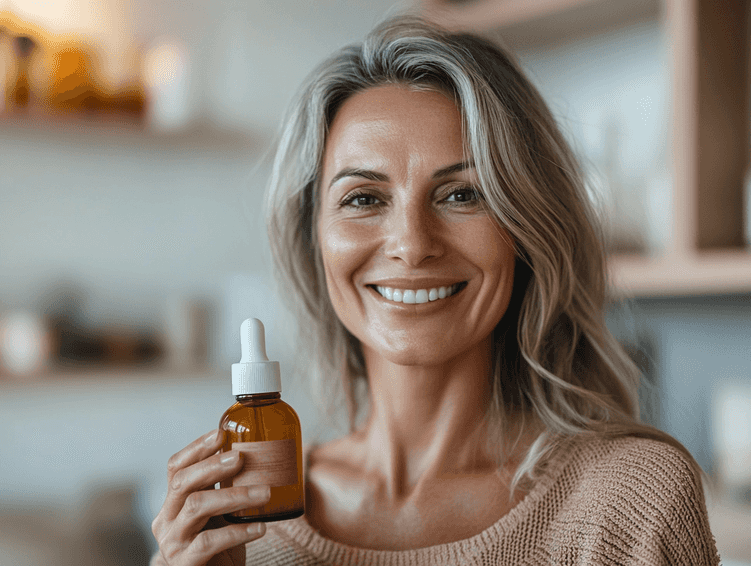 A serene bathroom setting with skincare products and a towel