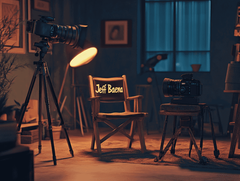 A cinematic scene with a director's chair and camera on a film set