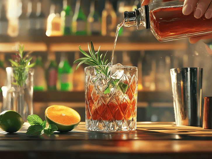 A bartender pouring a non-alcoholic cocktail into a glass, garnished with fresh herbs