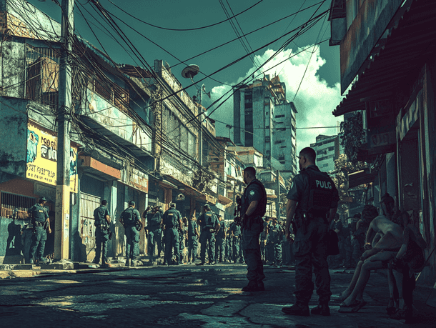 A wide-angle view of Cracolândia, showing the extent of the crisis with people and tents scattered across the streets