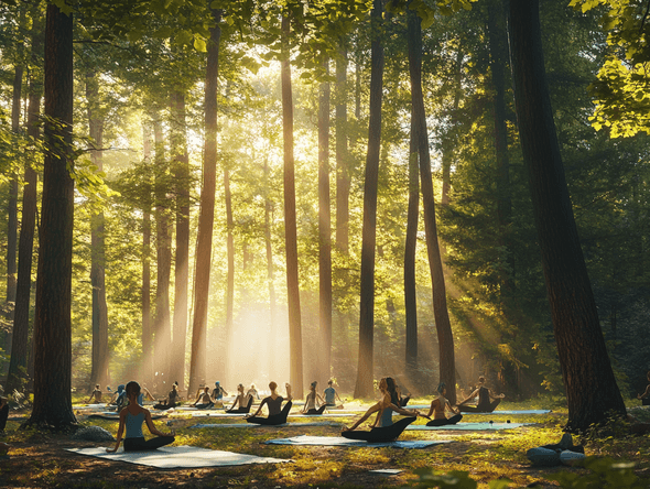 A visually striking and colorful festival scene with people meditating and dancing under string lights