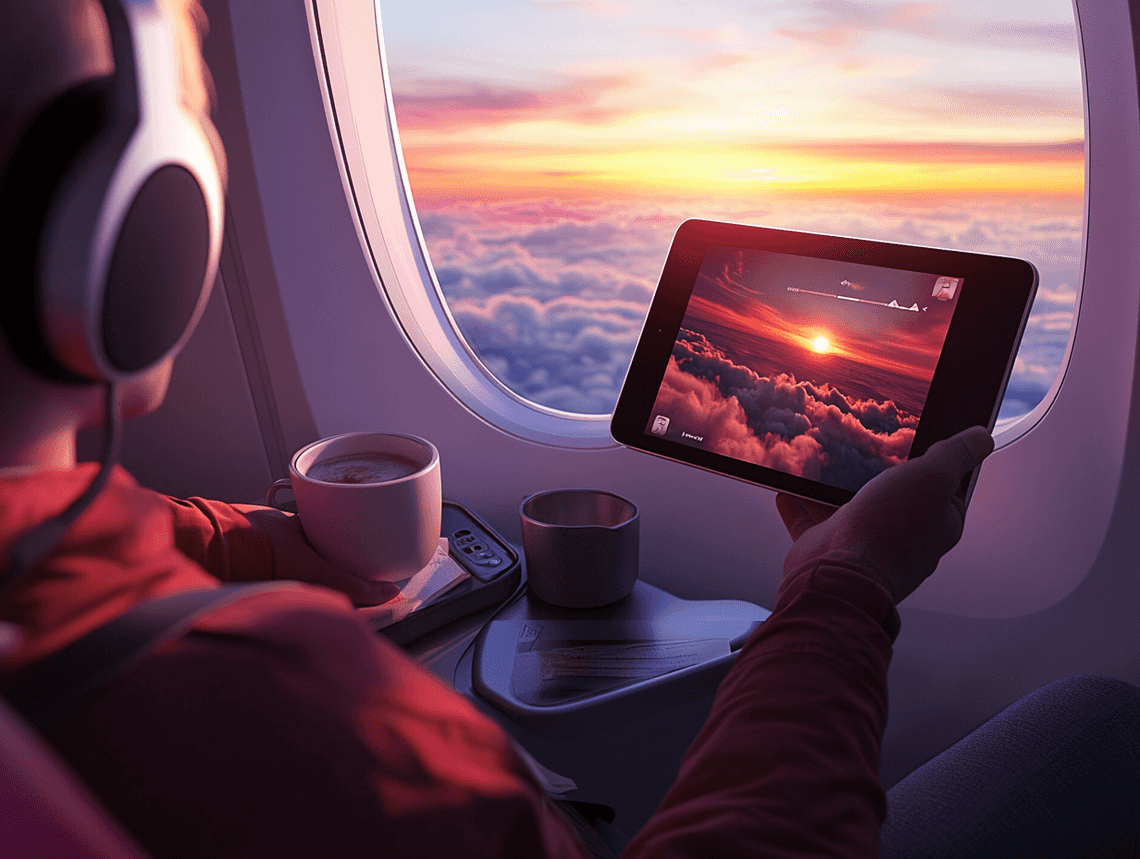 A traveler watching downloaded videos on a tablet during a flight