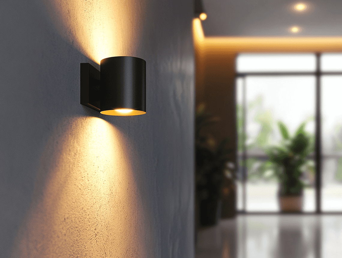 A close-up of a sleek smart wall sconce with adjustable lighting settings
