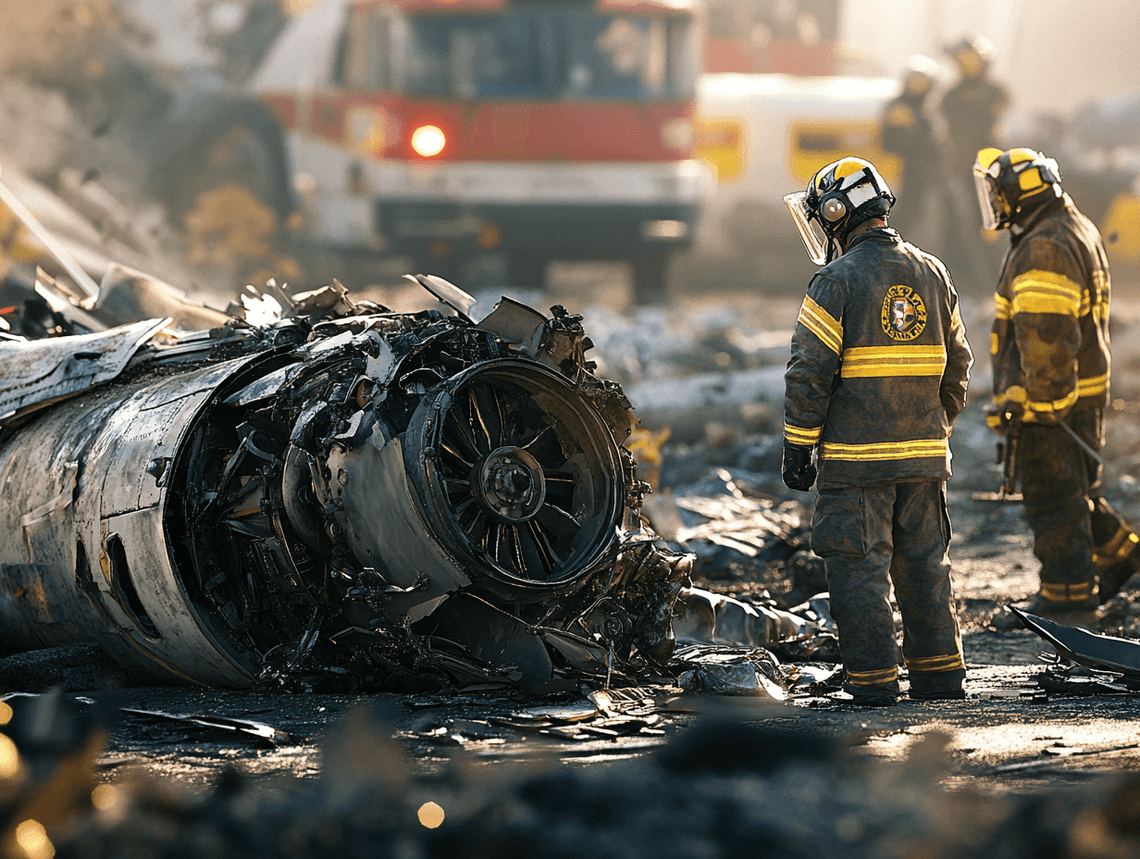 Close-up of investigators examining airplane debris at the crash site