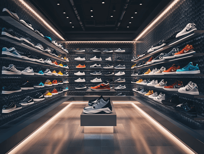 A dynamic image of Nike sneakers displayed in a retail store