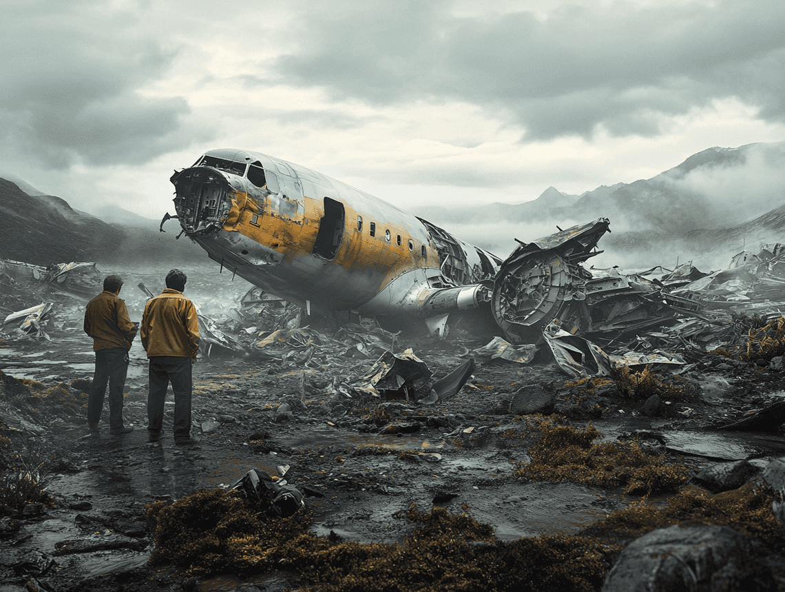 An image of investigators examining airplane parts at a crash site, surrounded by debris.