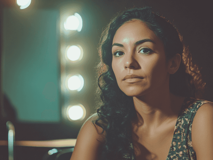 A vibrant comedy club with Gina Brillon on stage, engaging the audience with her signature humor and charisma