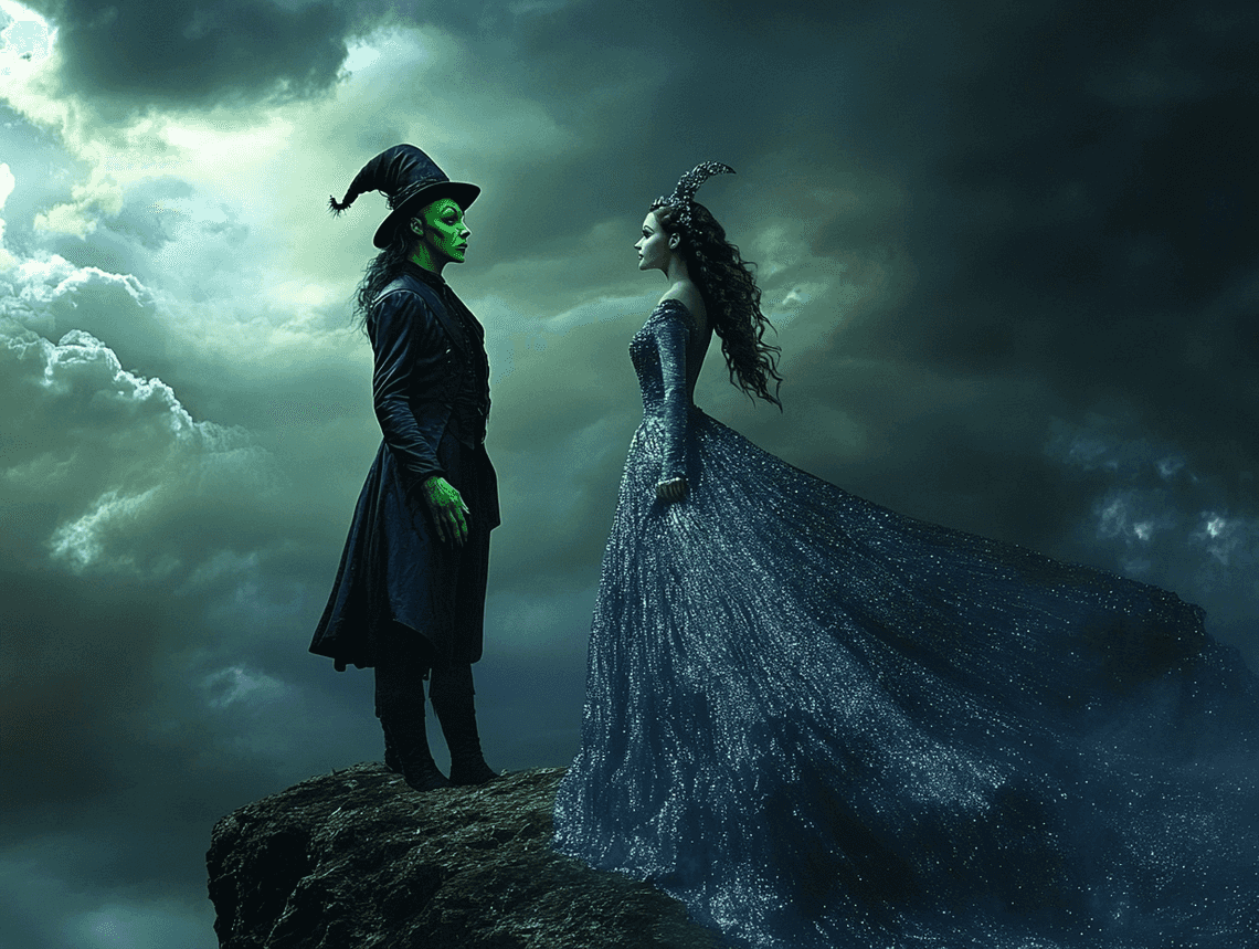 A dazzling Broadway stage with vibrant lights and a packed audience