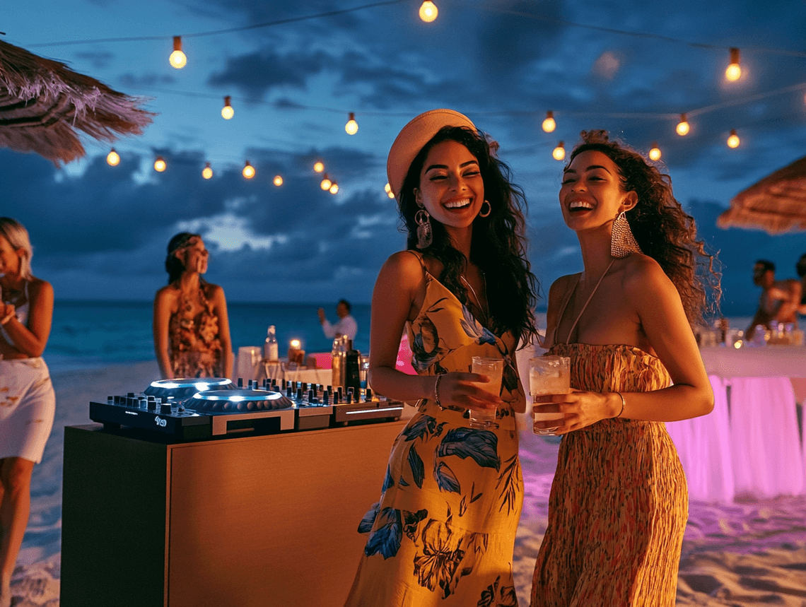 A glamorous beach party setup with string lights and a DJ booth