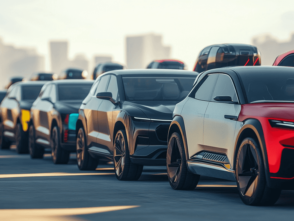 A Tesla Model 3 parked in front of a Gigafactory, symbolizing production challenges