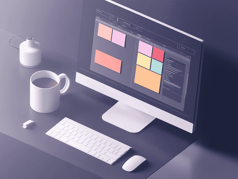 A sleek desktop setup with a note-taking application open on the screen