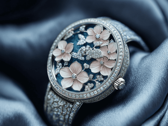 A luxurious Van Cleef & Arpels secret watch displayed elegantly on a velvet surface