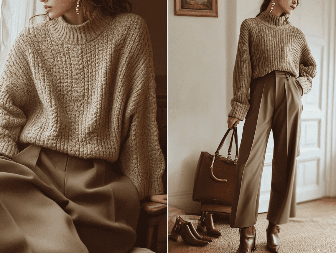 A cozy yet elegant outfit featuring cashmere and neutral tones