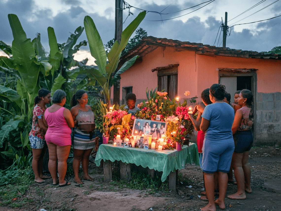 Community members gather outside Zeli's home, mourning the loss and seeking answers.