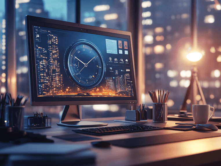 A desktop clock with multiple time zone displays on a professional workspace