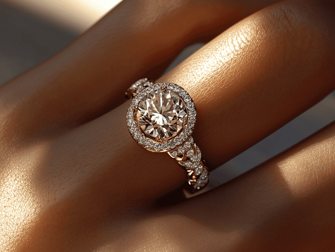 A stylish woman wearing a diamond ring and elegant outfit