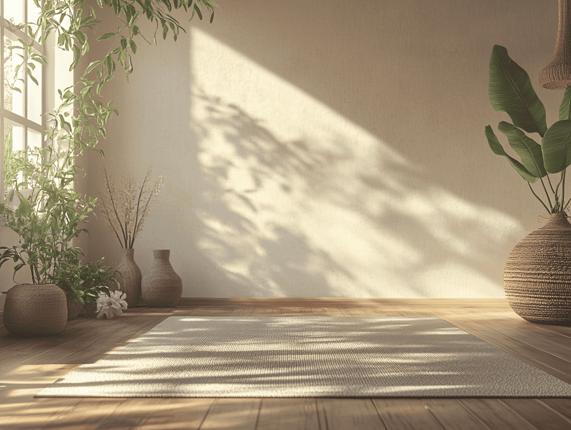 A serene yoga mat setup in a calming environment with natural light streaming in