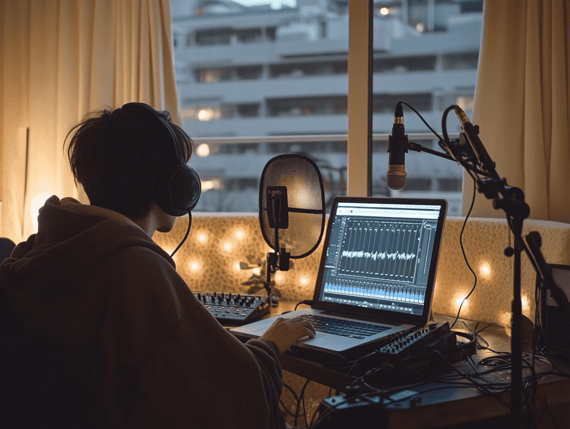A sleek digital audio workstation interface with multiple tracks and editing tools displayed on a modern computer screen