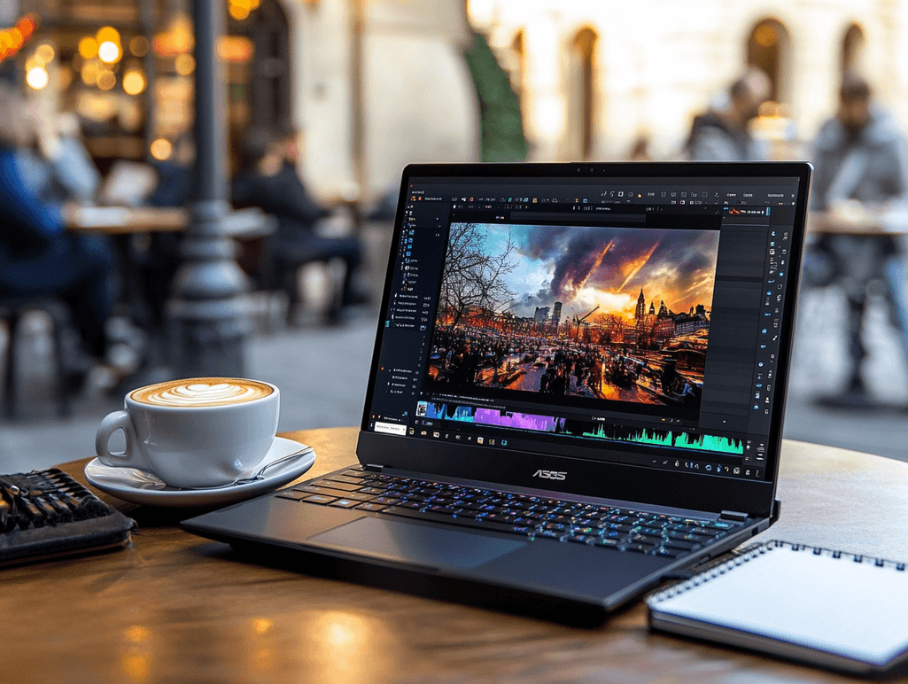 A Dell XPS laptop on a wooden desk with editing software displayed