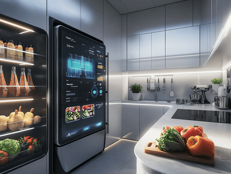 A futuristic smart kitchen with AI-powered devices assisting in grocery management