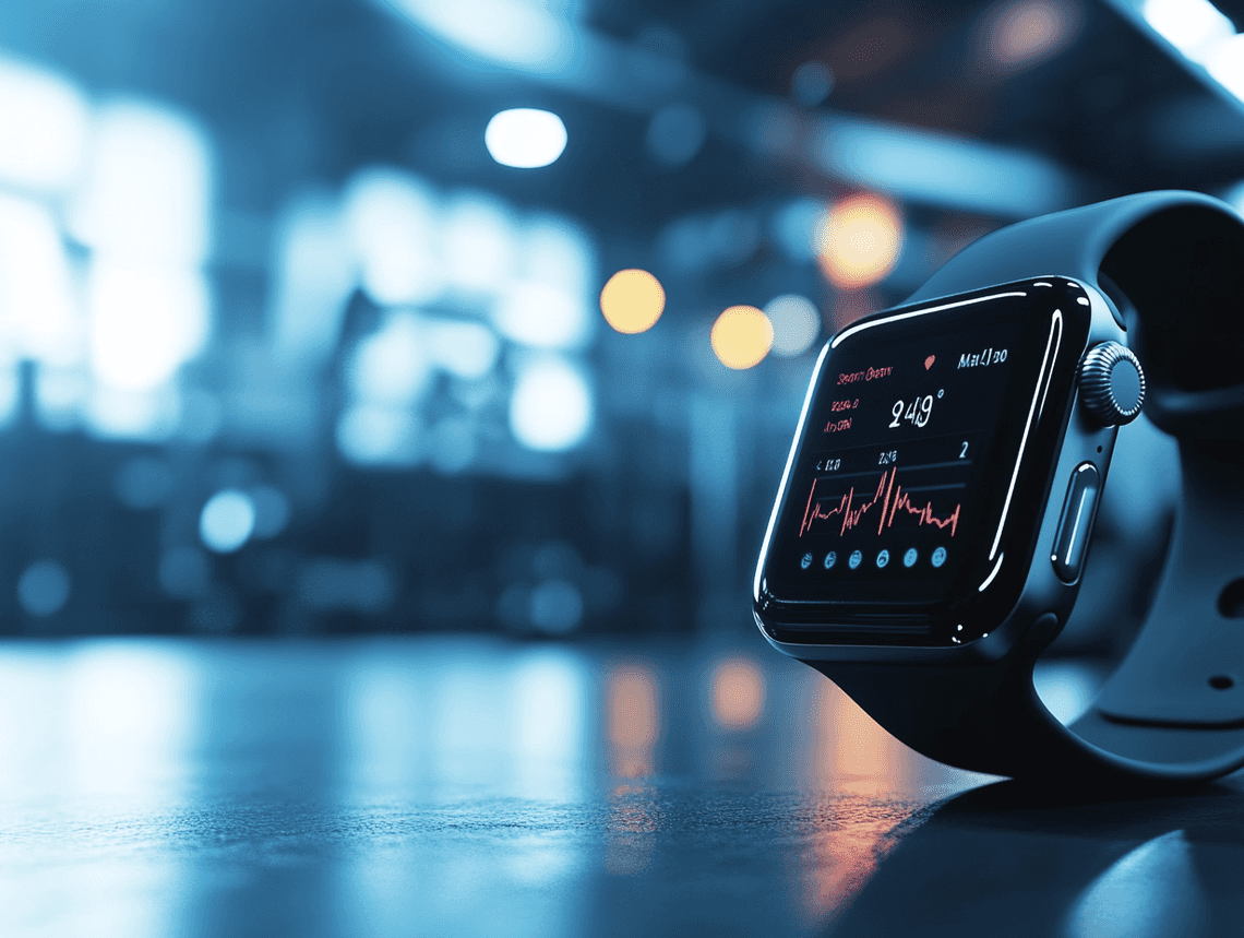 A close-up of an Apple Watch displaying fitness metrics during a workout