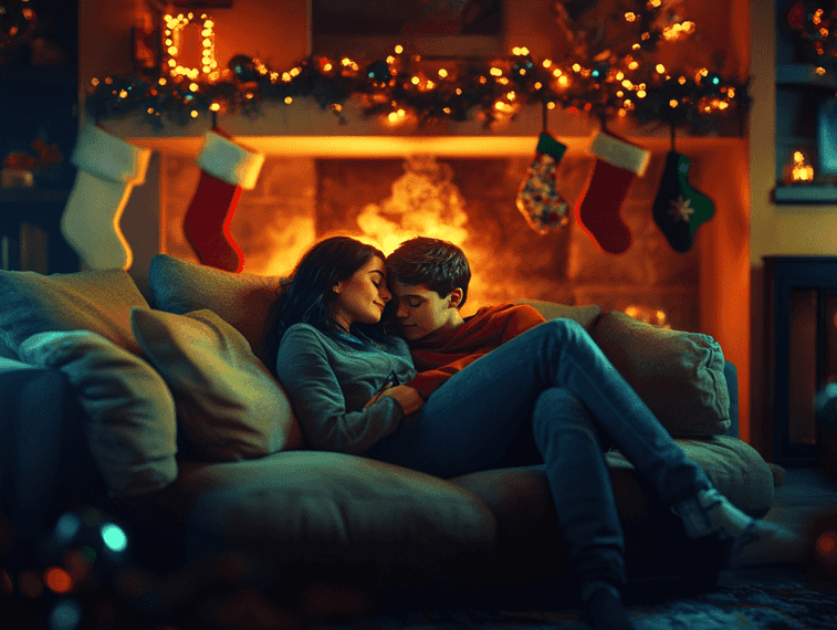 A mother and son enjoying Christmas decorations in a cozy living room