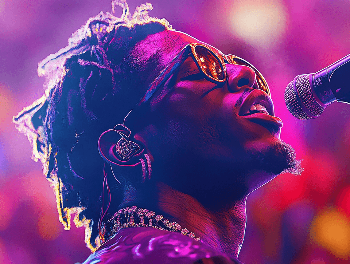 A courtroom sketch-style image of Young Thug seated with his legal team, looking composed