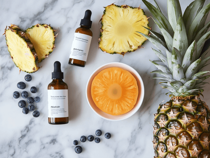 A close-up of a woman with glowing, smooth skin, holding a skincare product