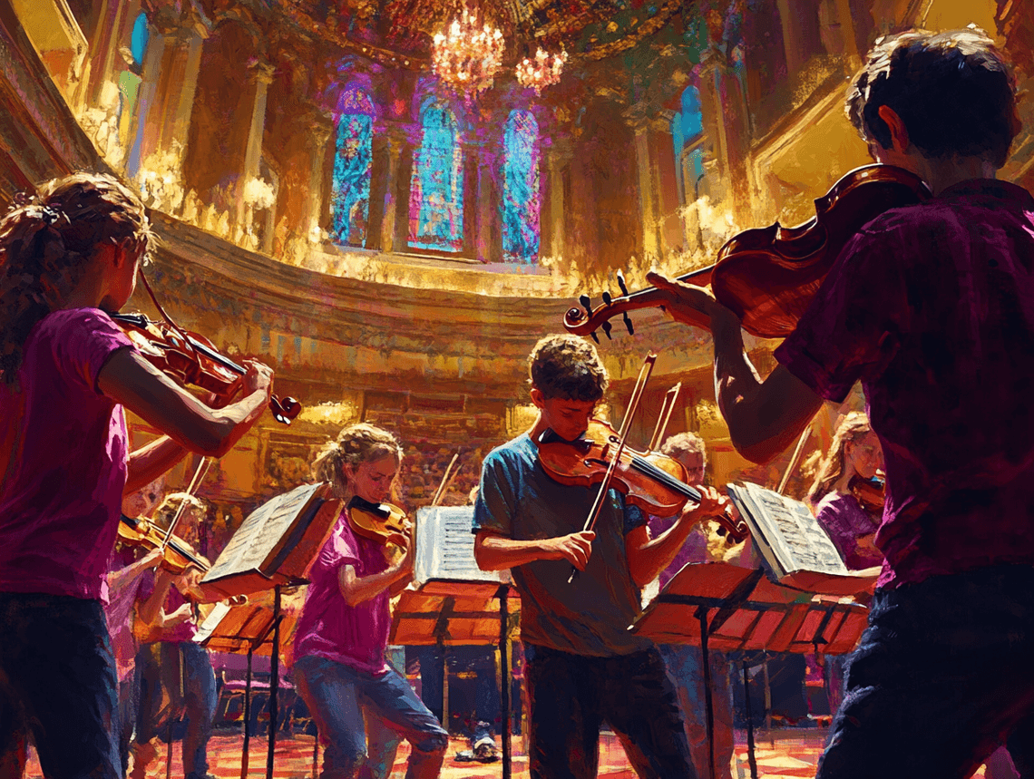 A young musician holding a violin, standing on a dimly lit stage