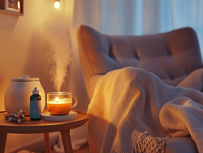 A cozy living room with a diffuser, candles, and a blanket