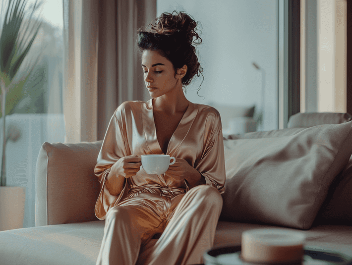 A luxurious hotel bed with a stylish pajama set laid out