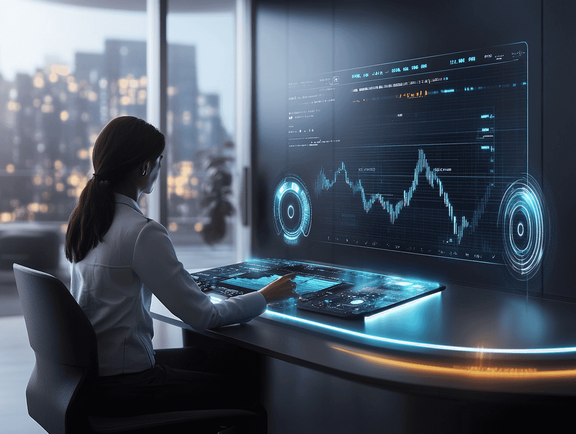 A financial analyst using AI-powered tools on a futuristic dashboard