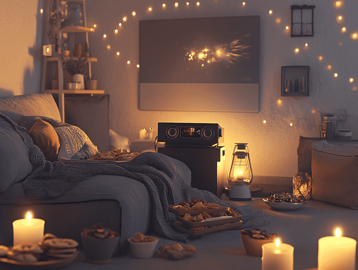 A beautifully set movie night scene with candles, snacks, and a projector