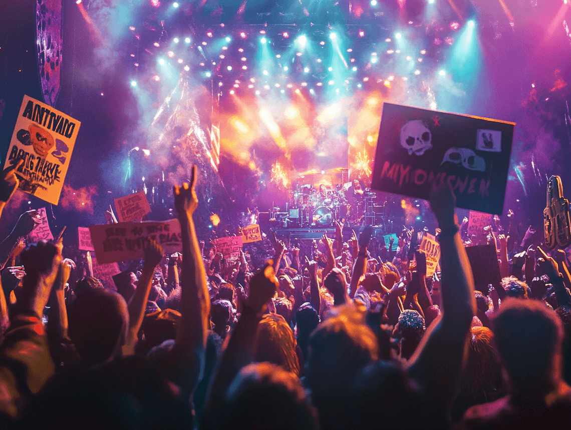 A crowd of Motorhead fans holding up signs and cheering at a concert, showing their unwavering support