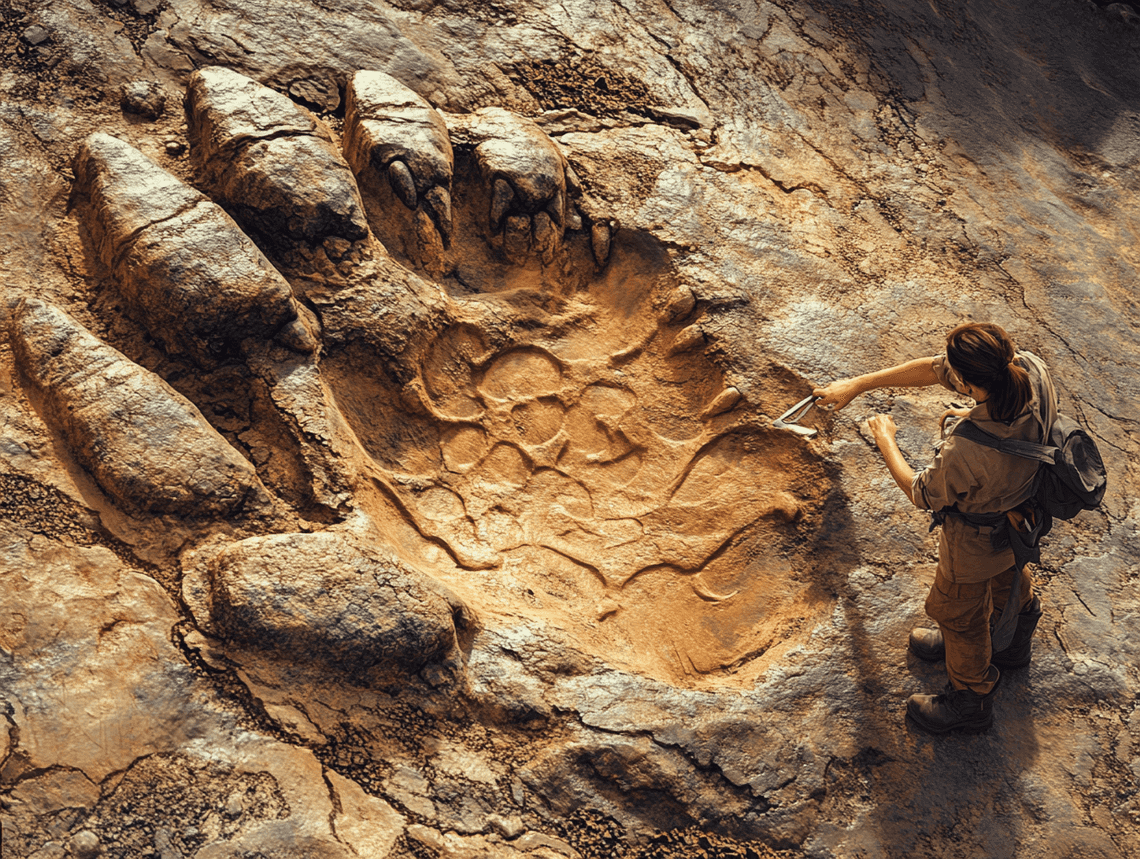 Close-up of a large dinosaur footprint with visible claw marks