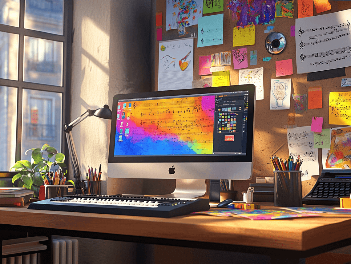 A creative workspace with a tablet, laptop, and design software open